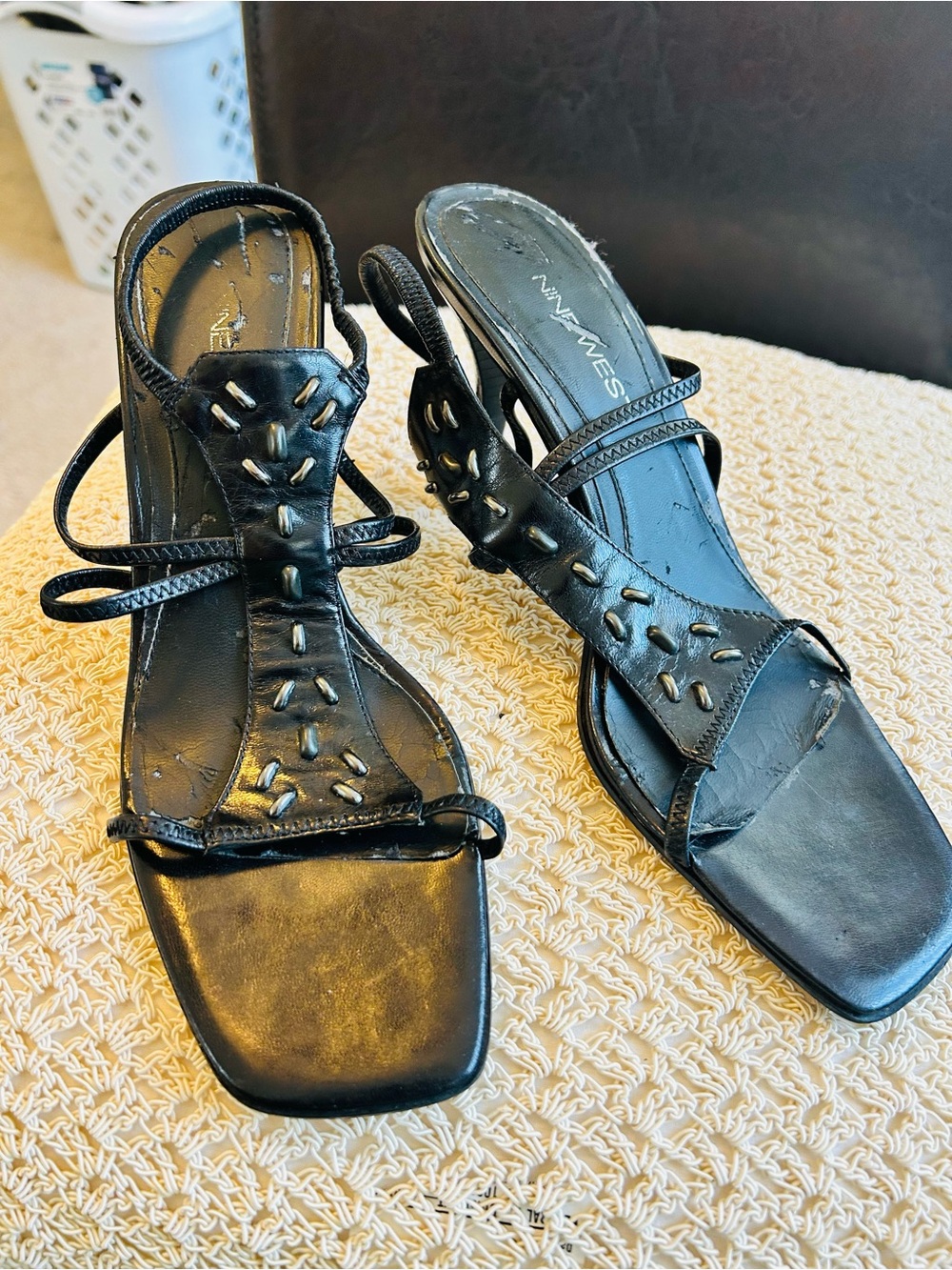 Nine West Black Strappy Square-Toe Heels - Picture 2 of 3